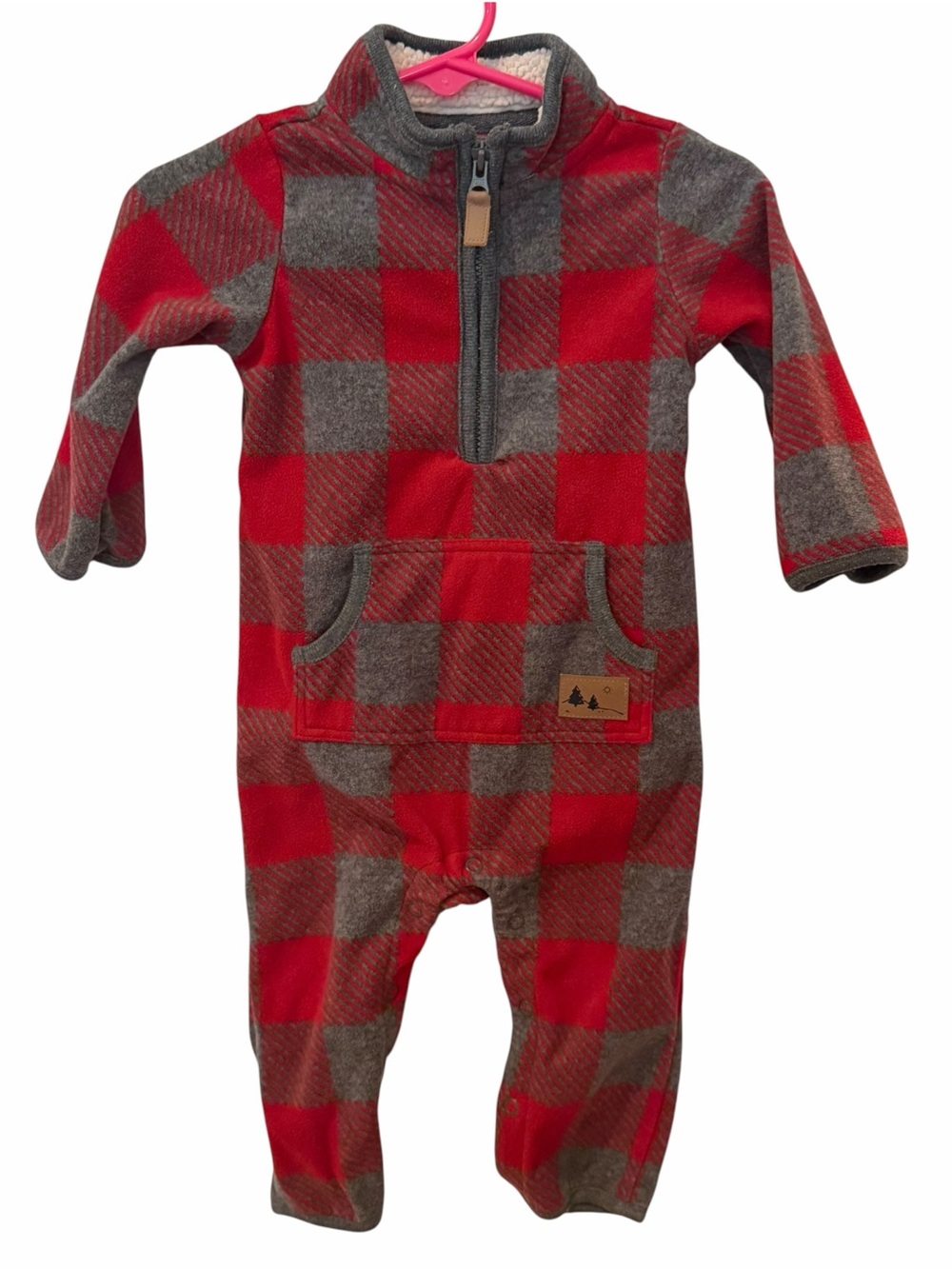 Carter’s Baby Red Gray Buffalo Plaid Fleece Romper Jumpsuit 9M Sherpa Collar